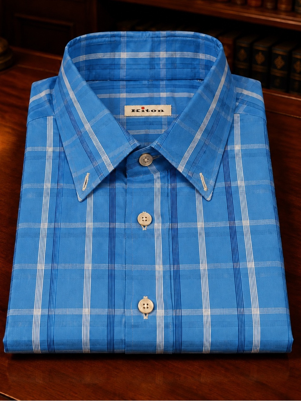 Kiton Ocean Blue Plaid Button-Down Shirt